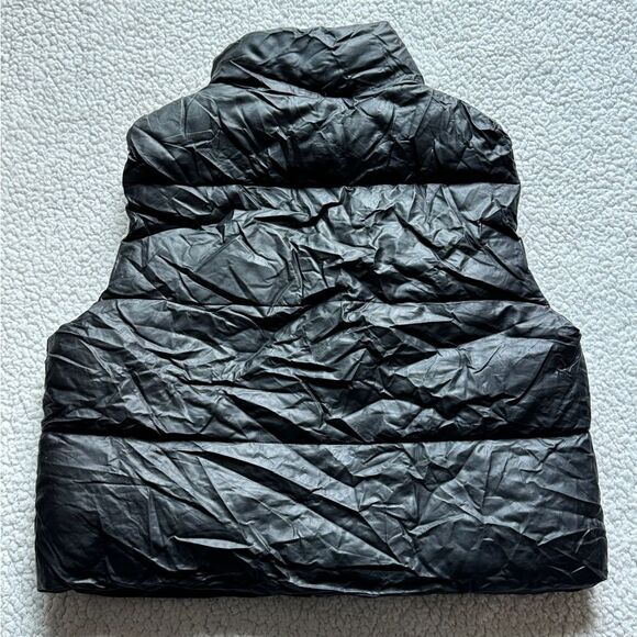 Zara  Leather Crop Puffer Vest Jacket Solid Black Womens Small - Picture 5 of 13
